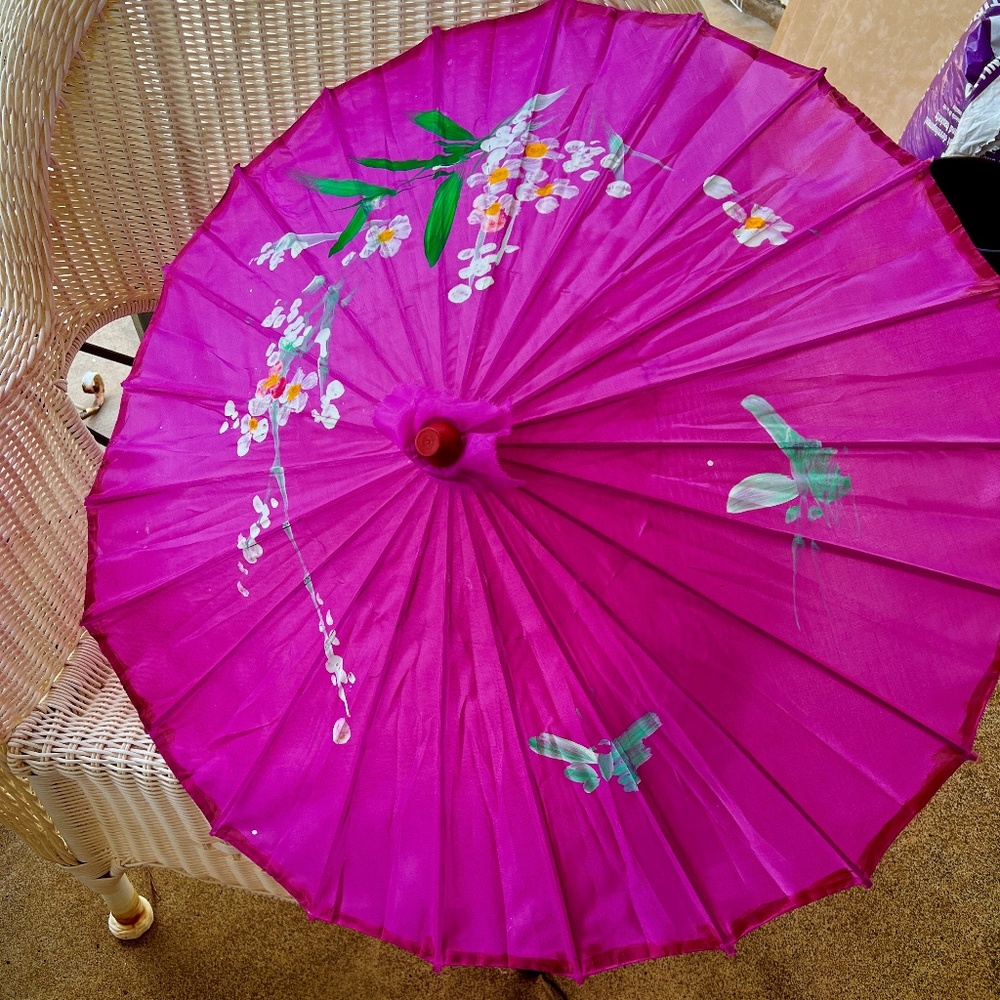 Vintage Asian Bamboo Umbrella Hand Painted